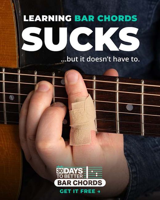 Guitareo static ad: a taped finger on a fretboard, headline reading Learning bar chords SUCKS