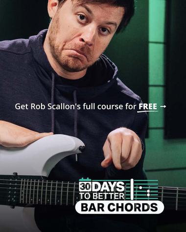 Guitareo static ad with Rob Scallon pointing to camera, offering his full course
