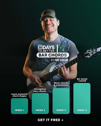 Guitareo static ad: Rob Scallon with a guitar beside a four-week progress graph