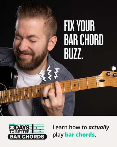 Guitareo static ad: a guitarist wincing, headline reading Fix your bar chord buzz