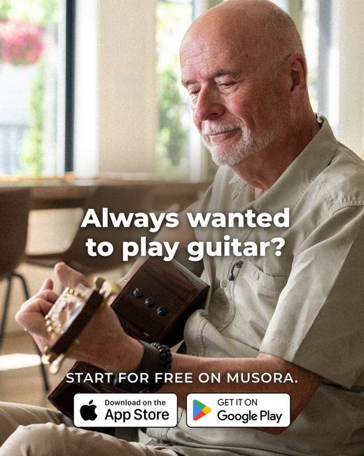 Musora static ad: an older man playing guitar by a window