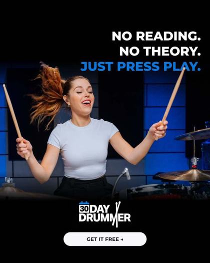 Drumeo static ad: a drummer mid-fill, headline reading No reading, no theory