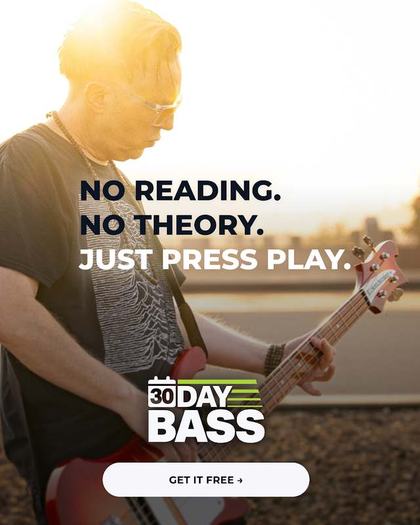 PlayBass static ad: a bassist at sunset, headline reading No reading, no theory