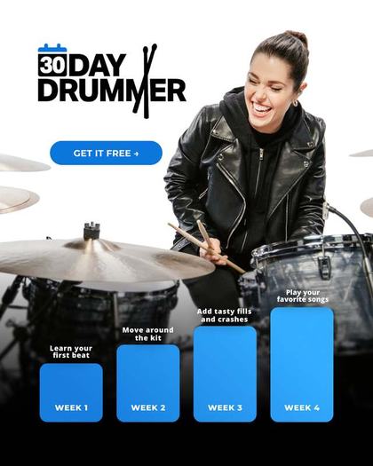 Drumeo static ad: a drummer beside a four-week progress graph