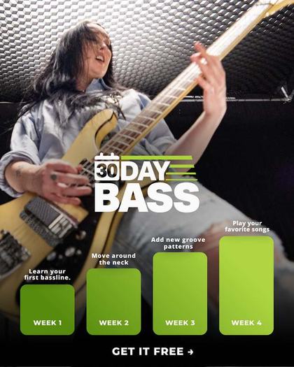 PlayBass static ad: a bassist beside a four-week progress graph